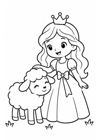 Ausmalbild Einfache Prinzessin mit Lämmchen