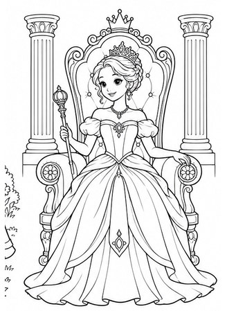 Ausmalbild Prinzessin auf verziertem Königsthron