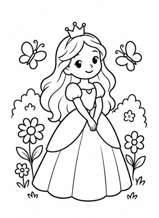 Ausmalbild Prinzessin im Blumengarten mit Schmetterlingen