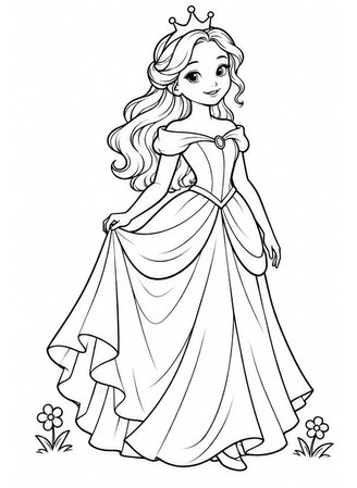 Ausmalbild Prinzessin im fliessenden Märchenkleid
