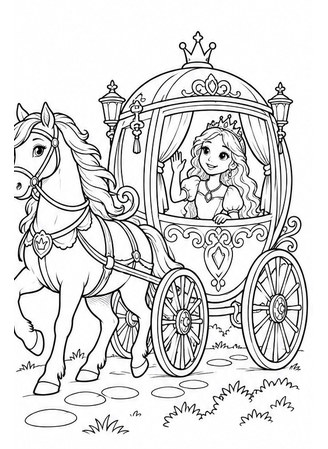 Ausmalbild Prinzessin in Kutsche mit Pferd