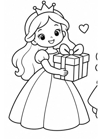 Ausmalbild Prinzessin mit Geschenkpaket