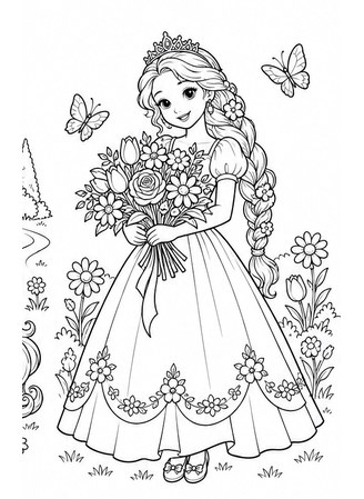Ausmalbild Prinzessin mit grossem Blumenstrauss