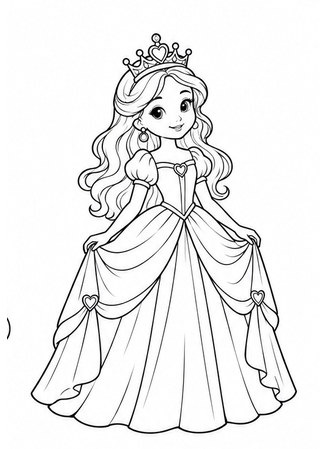 Ausmalbild Prinzessin mit grosser Krone und Ballkleid