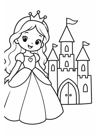 Ausmalbild Prinzessin neben kleinem Schloss