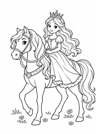 Ausmalbild Prinzessin reitet auf geschmücktem Pferd