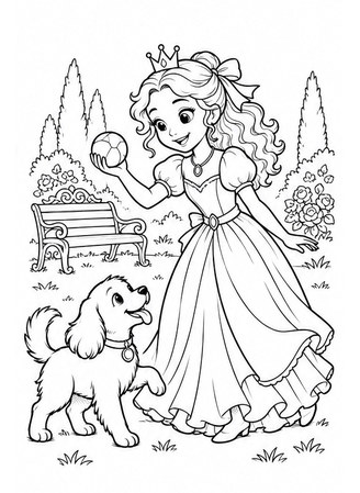 Ausmalbild Prinzessin spielt mit Hund im Garten