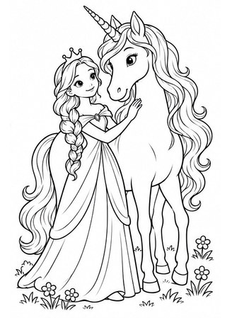 Ausmalbild Prinzessin streichelt Einhorn