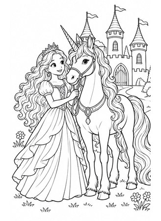 Ausmalbild Prinzessin und Einhorn vor Schloss