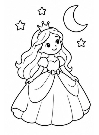 Ausmalbild Prinzessin unter Mond und Sternen