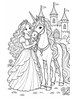 Ausmalbild Prinzessin und Einhorn vor Schloss