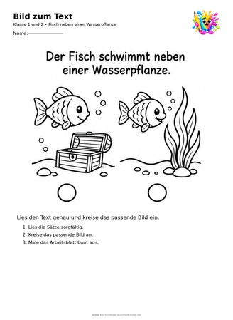 Ausmalbild Fisch neben einer Wasserpflanze