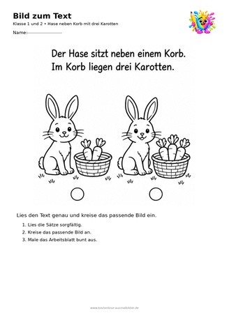 Ausmalbild Hase neben Korb mit drei Karotten