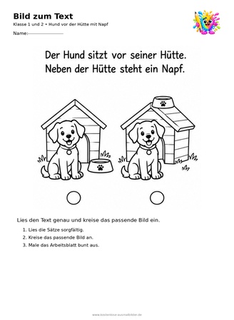 Ausmalbild Hund vor der Hütte mit Napf