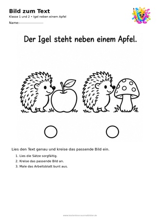 Ausmalbild Igel neben einem Apfel