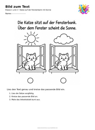 Ausmalbild Katze auf der Fensterbank mit Sonne