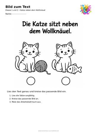 Ausmalbild Katze neben dem Wollknäuel