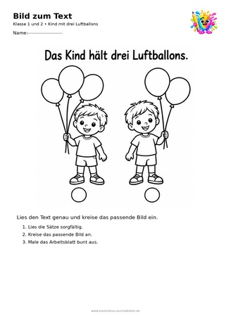 Ausmalbild Kind mit drei Luftballons