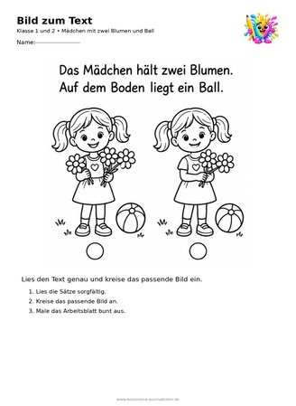 Ausmalbild Mädchen mit zwei Blumen und Ball