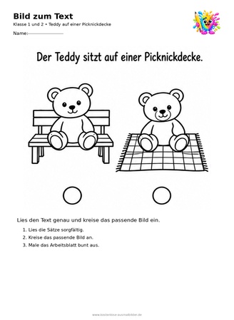 Ausmalbild Teddy auf einer Picknickdecke