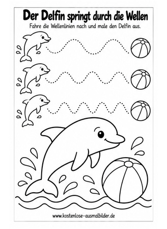 Ausmalbild Delfin Wellenlinien nachspuren