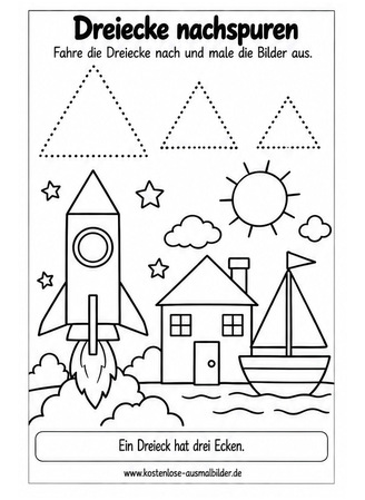 Ausmalbild Dreiecke nachspuren mit Rakete und Boot