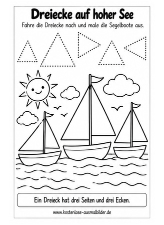 Ausmalbild Dreiecke nachspuren mit Segelbooten
