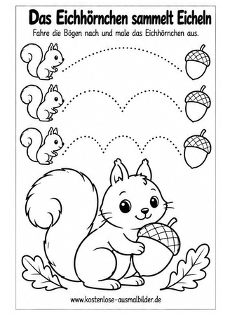 Ausmalbild Eichhörnchen Bogenlinien nachspuren