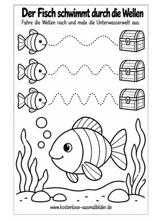 Ausmalbild Fisch Wellenlinien nachspuren