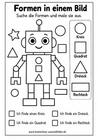 Ausmalbild Grundformen im Roboter erkennen