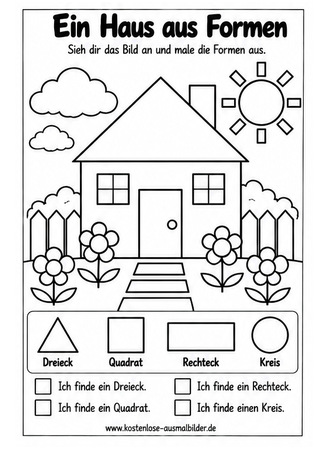 Ausmalbild Haus aus geometrischen Formen ausmalen