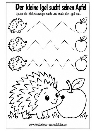 Ausmalbild Igel Zickzackwege nachspuren