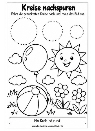 Ausmalbild Kreise nachspuren mit Ball und Sonne