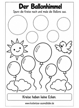 Ausmalbild Kreise nachspuren mit Luftballons