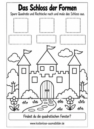 Ausmalbild Quadrate und Rechtecke nachspuren mit Schloss