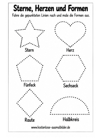 Ausmalbild Sterne Herzen und Formen nachspuren