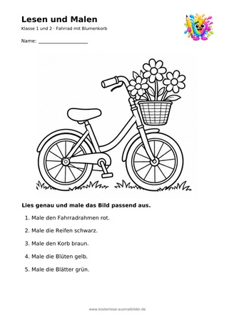 Ausmalbild Fahrrad mit Blumenkorb