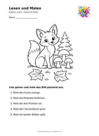 Ausmalbild Fuchs mit Pilzen