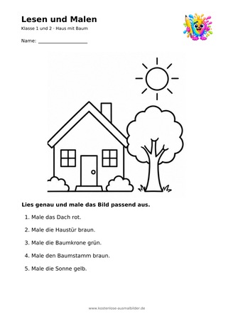 Ausmalbild Haus mit Baum