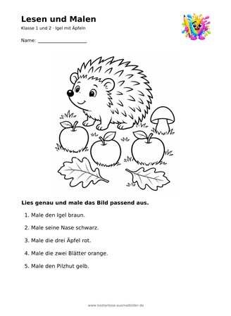 Ausmalbild Igel mit Äpfeln