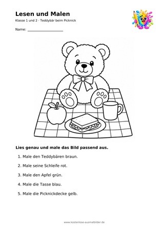 Ausmalbild Teddybär beim Picknick