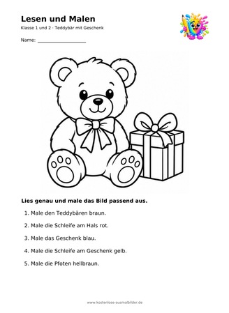 Ausmalbild Teddybär mit Geschenk