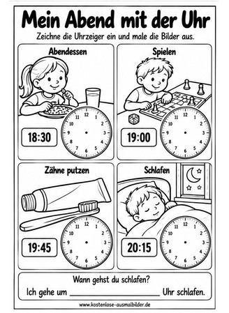 Ausmalbild Abend Uhrzeiten einzeichnen