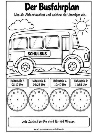 Ausmalbild Busfahrplan Uhrzeiten einzeichnen