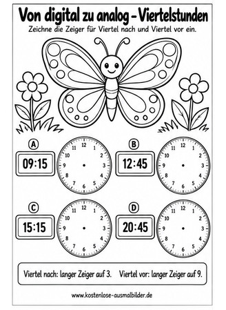 Ausmalbild Digitale und analoge Uhr Viertelstunden