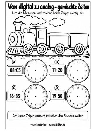 Ausmalbild Digitale und analoge Uhr gemischte Uhrzeiten