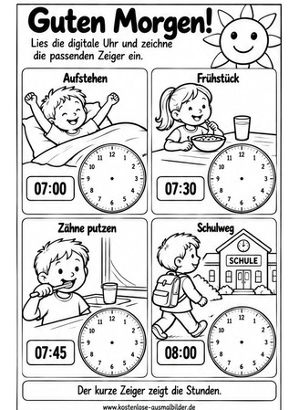 Ausmalbild Guten Morgen Uhrzeiten einzeichnen