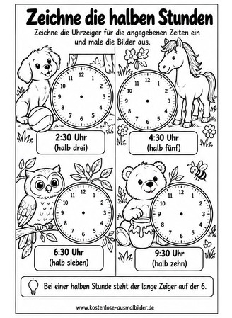 Ausmalbild Halbe Stunden bei Tieren einzeichnen