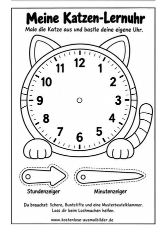Ausmalbild Katzen Lernuhr zum Ausschneiden