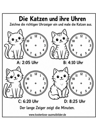 Ausmalbild Katzen Uhren Fünf Minuten Schritte